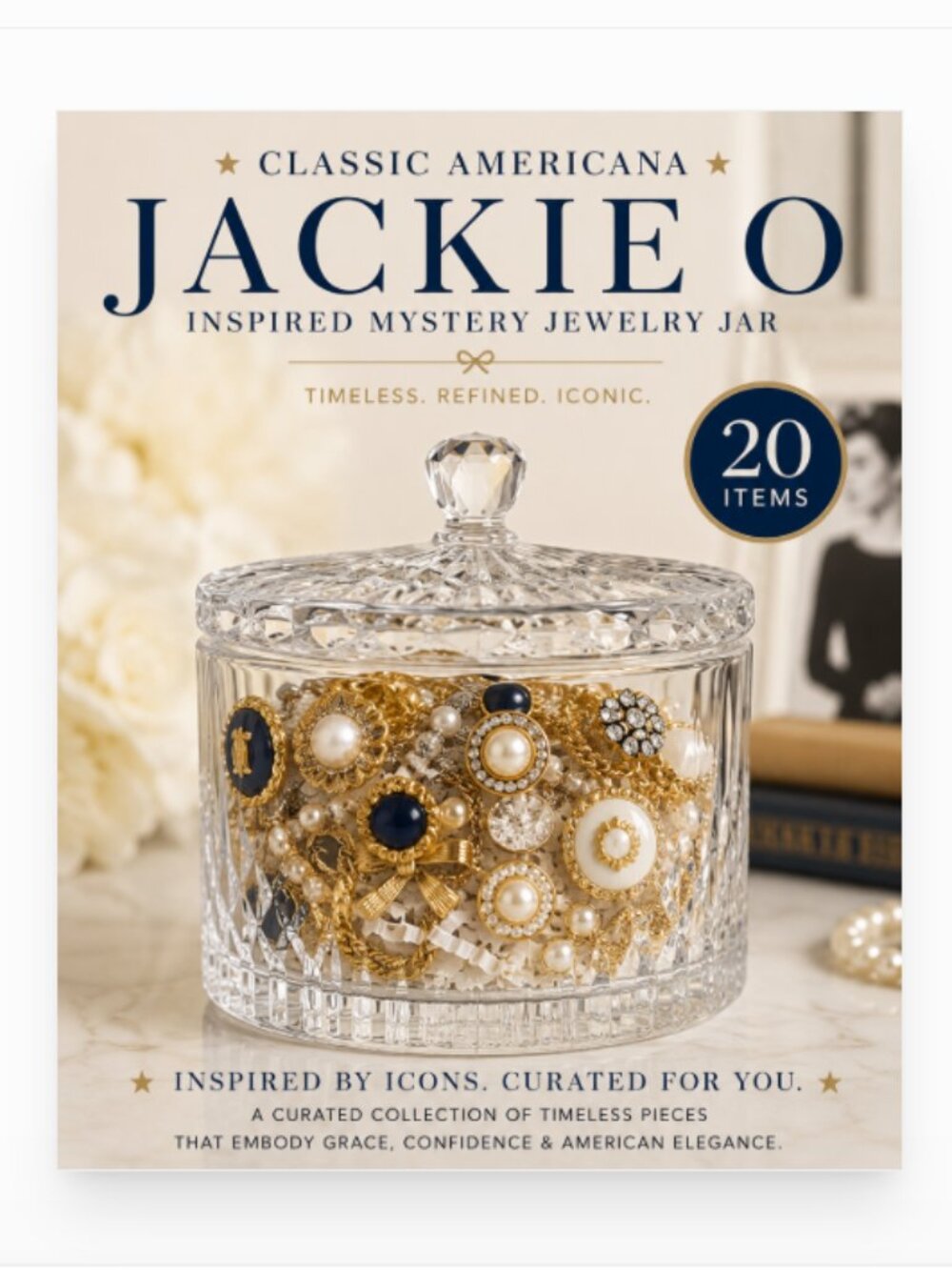 Classic Americana "Jackie O Inspired" Mystery Jewelry Jar | 20-Piece Curated Jew